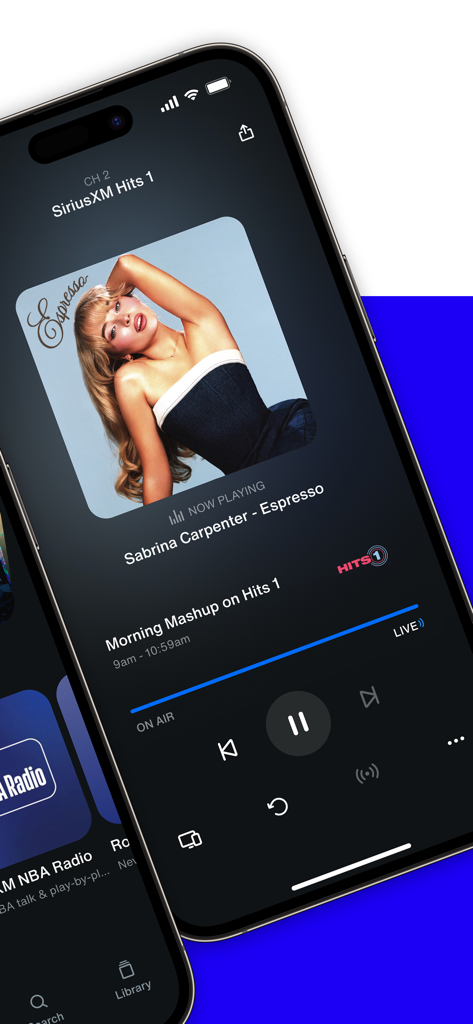 SiriusXM mobile app interface showing the music player for Sabrina Carpenter on the Hits 1 channel.