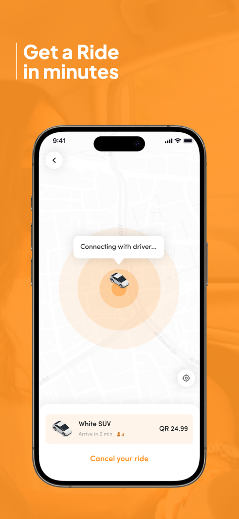 Ryde: Request affordable rides - Interfaz de la aplicación Ryde mostrando una solicitud de viaje para un SUV blanco con tiempo estimado de llegada y tarifa en Doha.