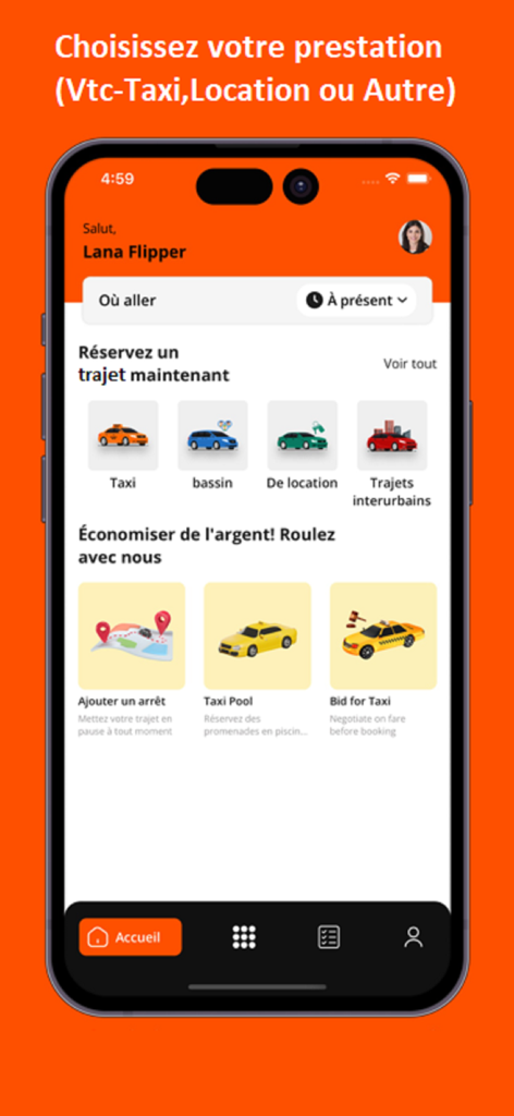 SB Drive client mobile app interface showing taxi and car rental services