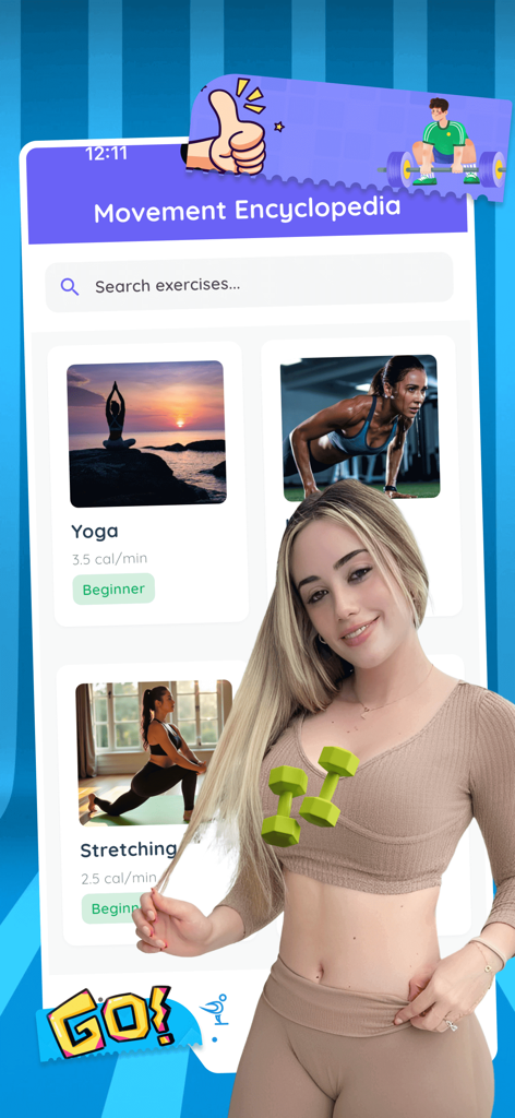 Milo - Insight & Share - The Milo app movement encyclopedia screen displaying yoga and stretching exercise categories with calorie information.