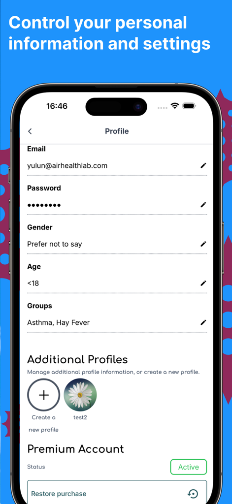 Canberra Pollen Count - User profile screen in the Canberra Pollen Count app showing personal info and health groups like Asthma and Hay Fever.