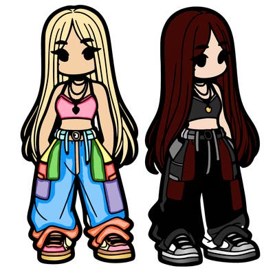 girl in baggy pants crop top and long hair