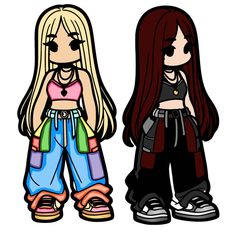 girl in baggy pants crop top and long hair