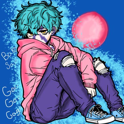 a male hoddie ripped jeans messy hair anime