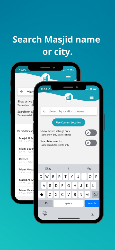 Search screen in The Masjid App to find local masjids by name or location.