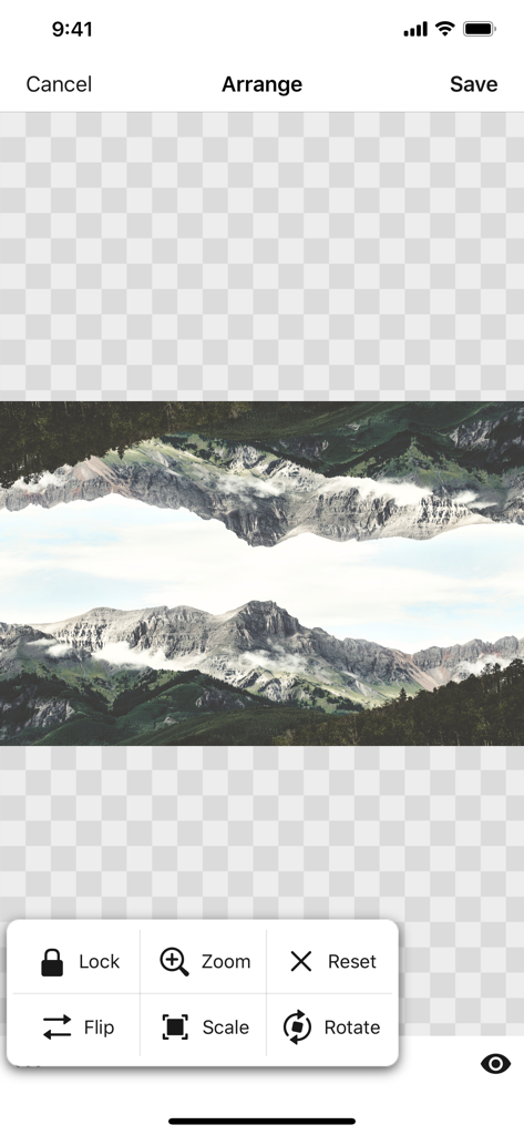 Tela do aplicativo Image Blender mostrando o menu de organização com imagens de paisagens montanhosas sendo espelhadas em um fundo transparente.