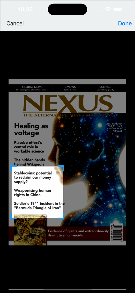 Digital cover of Nexus Magazine featuring alternative news and future science articles