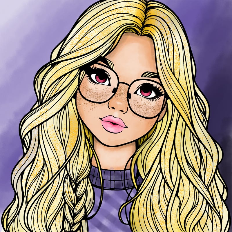 girl with long hair and freckles and glasses realistic