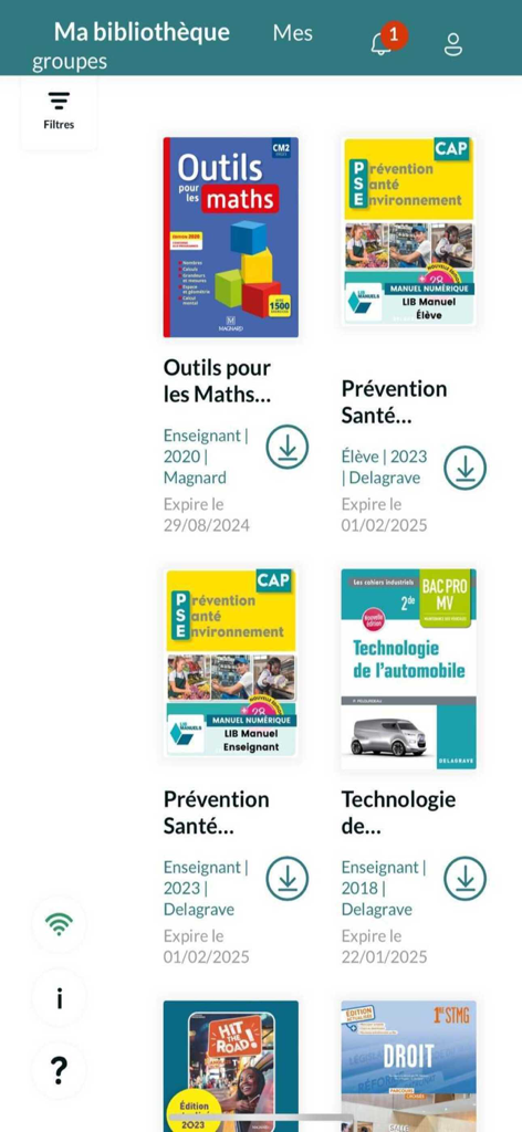 Lib Manuels - Vue de la bibliothèque numérique de l'application Lib Manuels présentant une sélection de manuels scolaires français avec des options de téléchargement