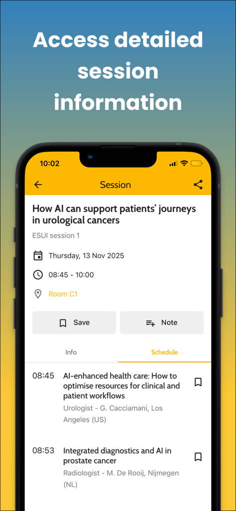 EMUC - Captura de pantalla de la aplicación EMUC que muestra información detallada de la sesión, incluido el horario, la ubicación de la sala y las listas de oradores para presentaciones de oncología urológica.