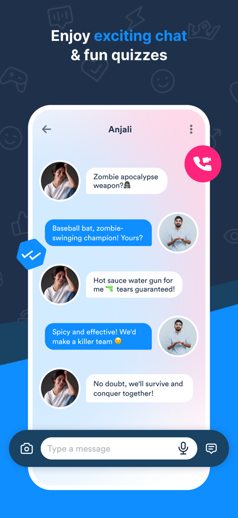 아이스브레이커 질문을 통해 재미있는 대화를 나누는 두 사람을 보여주는 TrulyMadly 데이트 앱의 채팅 화면