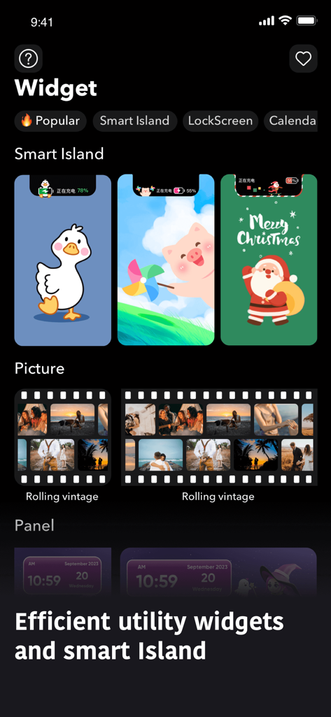 Spark app interface displaying cute Smart Island themes and rolling vintage photo widgets