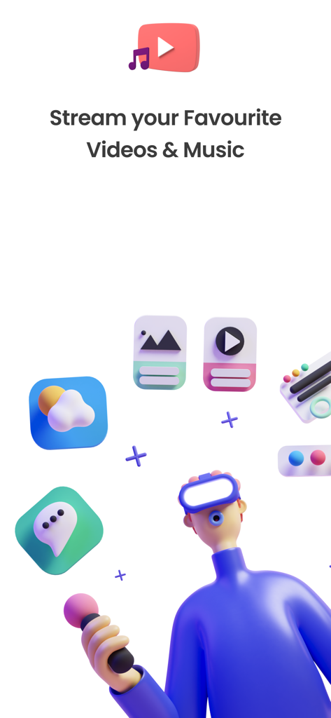 Una pantalla promocional de VPN Ilimitado Gratuito que muestra que los usuarios pueden transmitir sus videos y música favoritos.