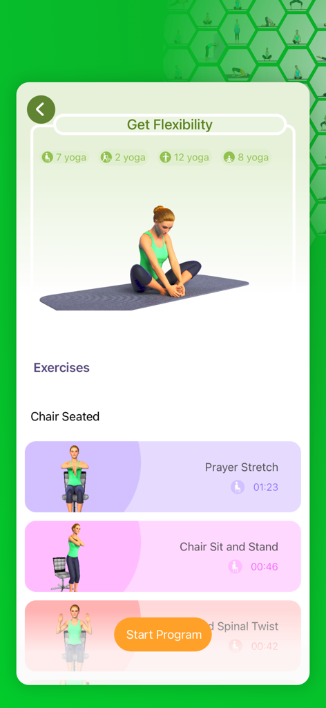Seniors Yoga @ Graceful Aging - Yoga app interface for seniors showing a flexibility program with chair seated exercise options