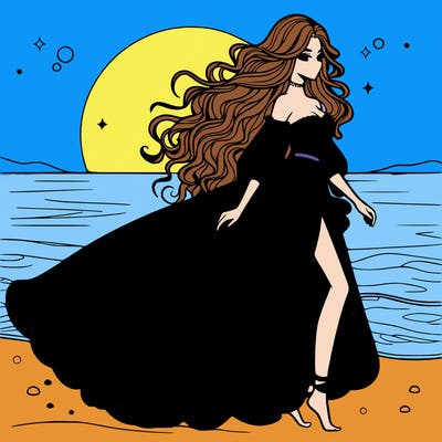 beautiful woman with a vaporous long dress walking on the beach at the noon, detailed art
