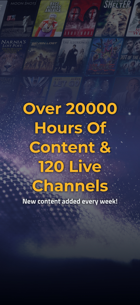 RewardedTV - It Pays to Watch! - RewardedTV app screen displaying over 20,000 hours of content and 120 live channels.