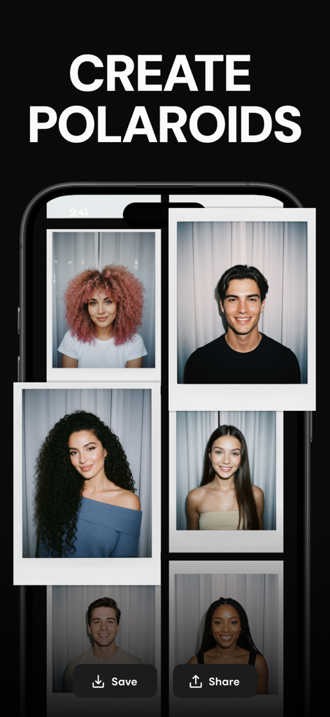 Interface do aplicativo Version AI exibindo várias fotos de retratos geradas por IA em um layout de estilo polaroid