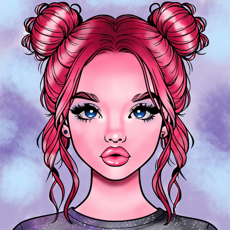 realistic girl with two buns in hair and lips