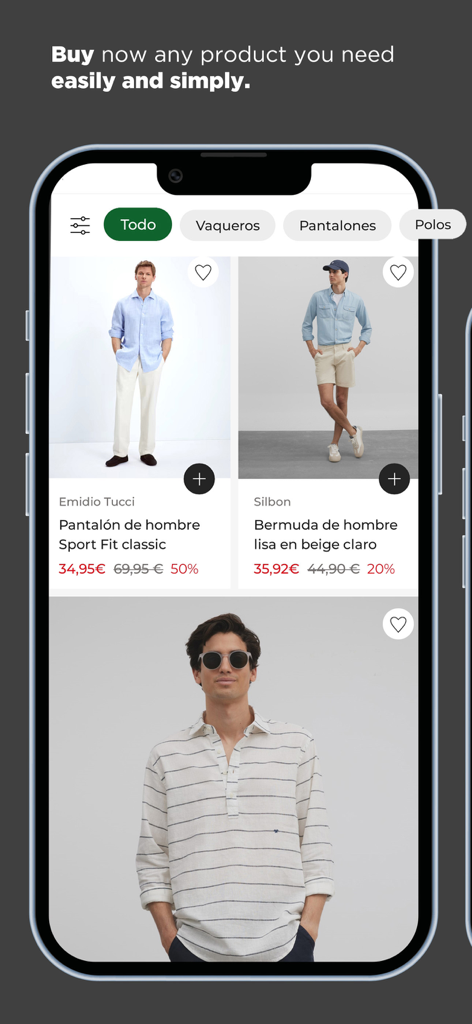 El Corte Ingles app screen featuring mens clothing items and pricing