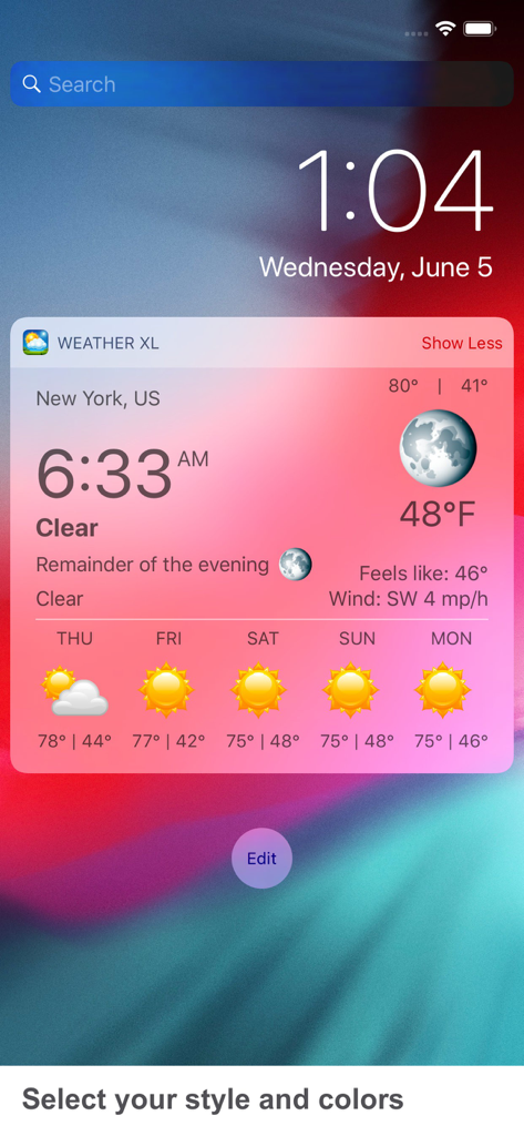 Widget Weather XL PRO sur iPhone affichant les prévisions et la température locales