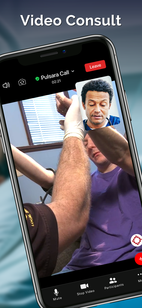 Pulsara: Medical Communication - A mobile interface for the Pulsara app displaying a live video consult between a doctor and a medical provider in the field.