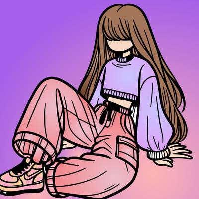 a girl with baggy pants and a crop top with long hair