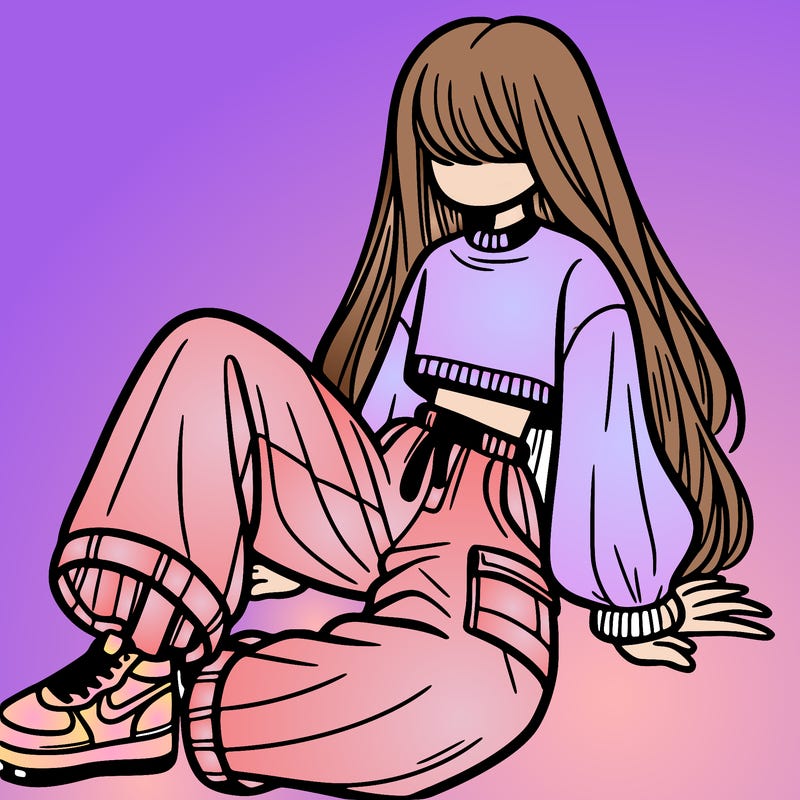 a girl with baggy pants and a crop top with long hair