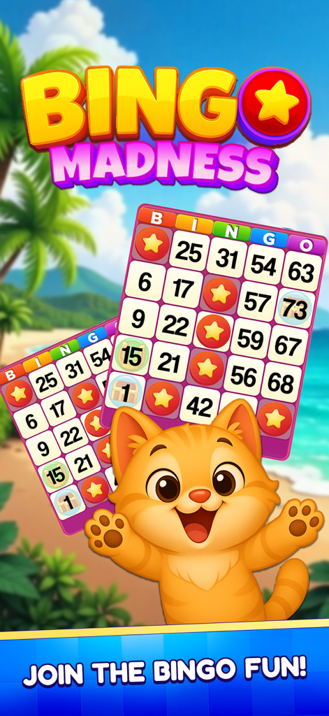 Bingo Madness Live Bingo Games - Bingo Madness mobile game promotion showing a cartoon cat and bingo cards on a tropical beach.
