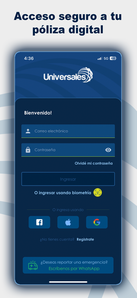 Seguros Universales - Pantalla de inicio de sesión de la aplicación móvil Seguros Universales con campos para correo electrónico y contraseña y un enlace para contacto de emergencia a través de WhatsApp.