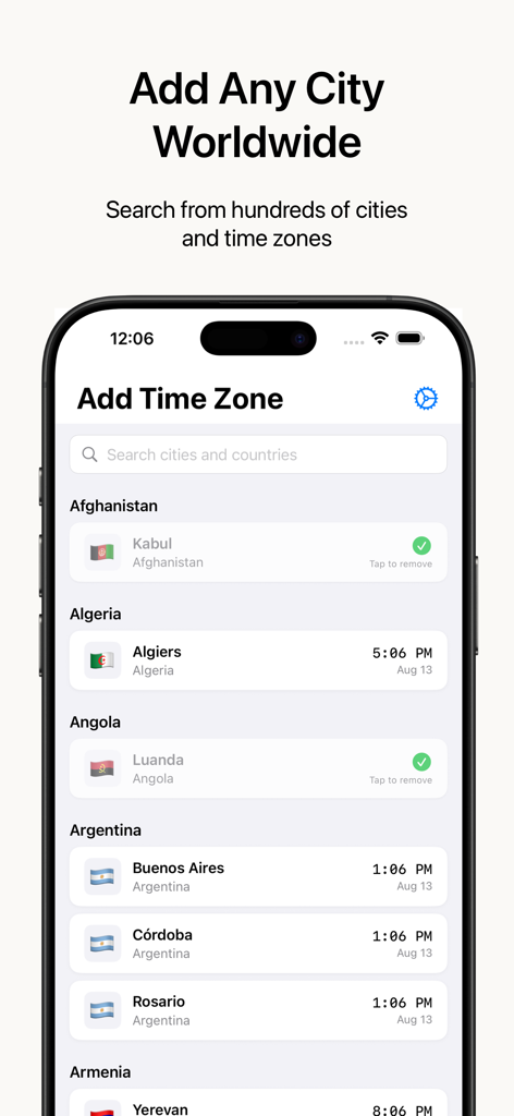 TimeZoner: World Clock - Schermata dell'app TimeZoner che mostra una barra di ricerca e un elenco di città internazionali con i loro orari e bandiere attuali.