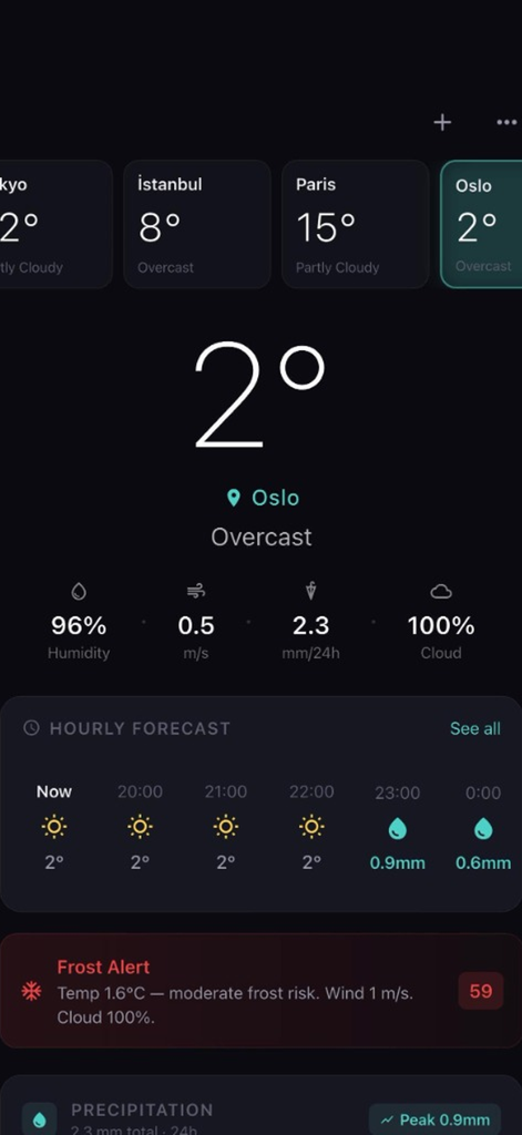 FarmCast - Farm Weather - FarmCast app interface showing current weather in Oslo with a moderate frost risk alert and hourly forecast.