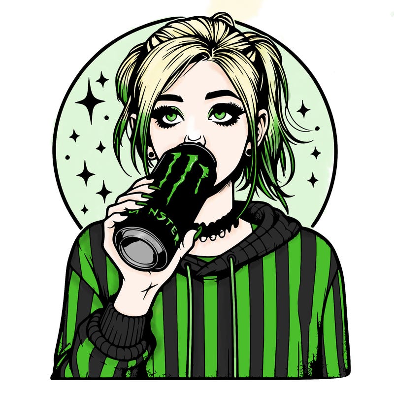 realistic girl drinking monster energy drink