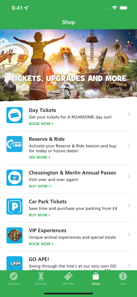 Chessington Resort app shop interface showing ticket and upgrade options