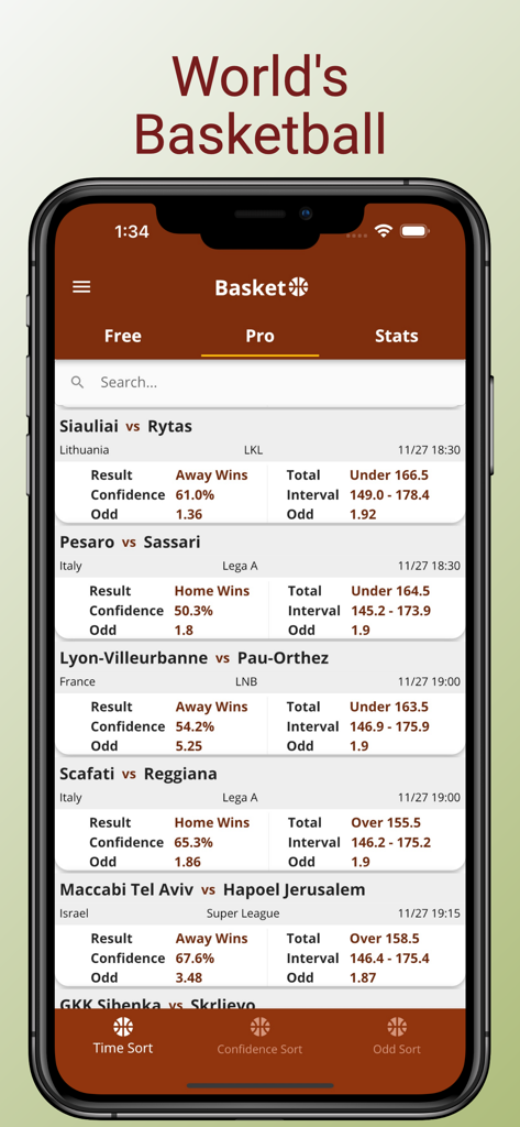 Basketball Betting Tips & Odds - Mobile screen of the Basketball Betting Tips app showing pro predictions for international leagues with win probability and confidence indicators.