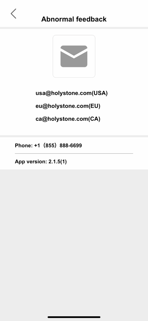 Ophelia GO - Abnormal feedback screen in the Ophelia GO app showing customer support email addresses for USA EU and Canada plus a phone number and version information.