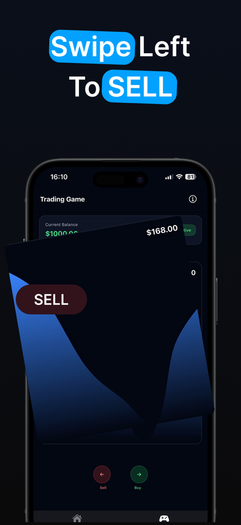 Chart AI – Trading Scanner - A mobile app screen showing a gamified trading simulation where a user swipes left to perform a sell action.