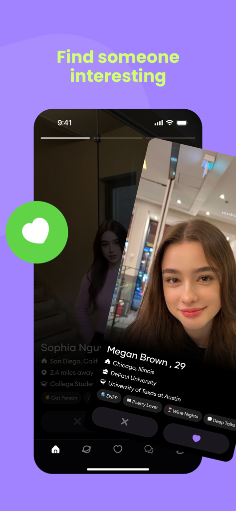 Dora: Create and connect - Mobile app interface of Dora showing a user profile card for Megan Brown with tags like Poetry Lover and Deep Talks under the headline Find someone interesting