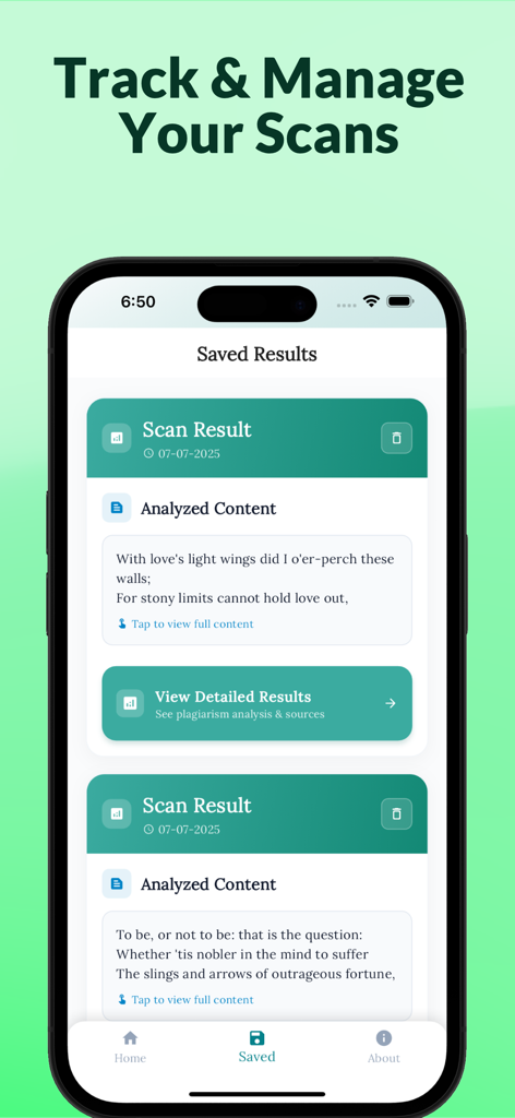 A mobile app interface titled Saved Results showing a history of plagiarism scans and analyzed content snippets