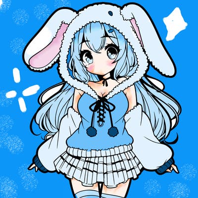 pretty anime girl wearing a fluffy hoodie with bunny ears on the hood and a skirt