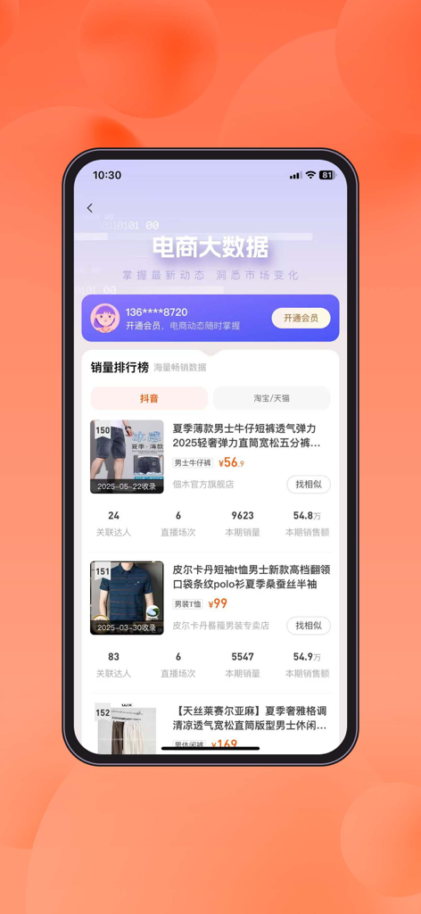 Una interfaz móvil de la aplicación Qingchuang Network que muestra clasificaciones de ventas de comercio electrónico y datos de mercado de artículos de ropa de moda.