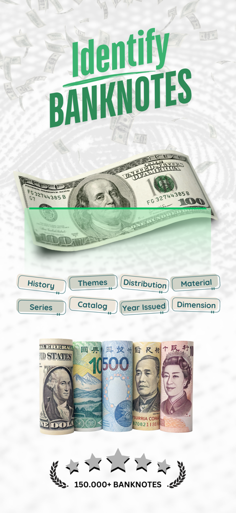 Banknote Identifier Snap Value - Bildschirm einer mobilen App, der einen Dollarschein scannt, um seinen Wert und historische Informationen zu ermitteln