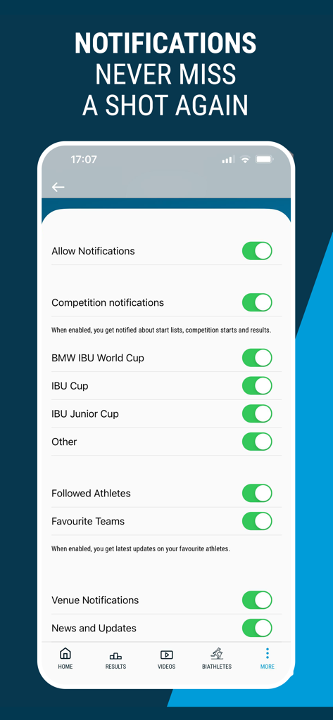 Notification settings screen for the Official IBU biathlon app showing various alert options for competitions and athletes.
