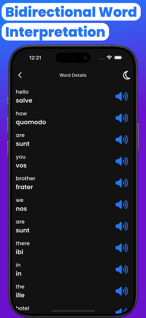 Eine Liste englischer Wörter, die ins Lateinische übersetzt wurden, mit Schaltflächen zur Audiowiedergabe auf einer Dunkelmodus-Oberfläche.
