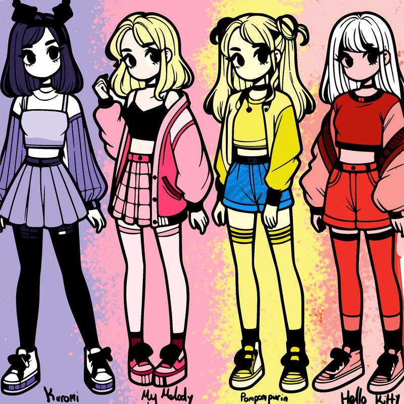 one girl with crop-top shirt and a jacket with a skirt, long socks and another girl with a shirt and pants with a jacket
