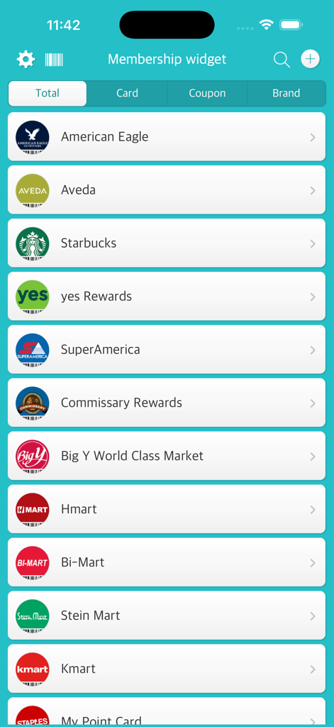 Membership widget Pro - A list of digital loyalty and membership cards displayed within the Membership widget Pro app interface