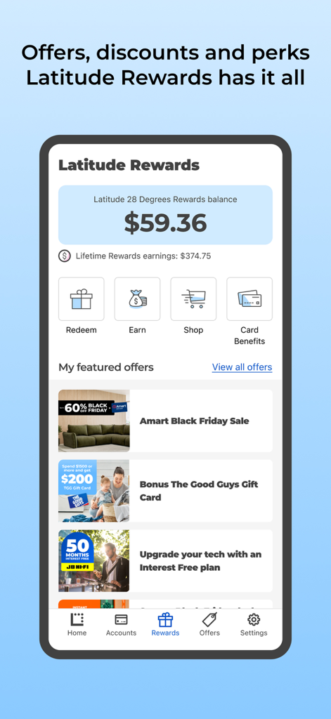 The Latitude App rewards screen showing reward balance and featured retail offers.
