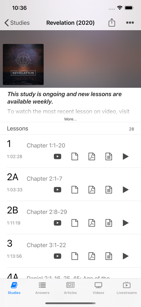 Verse By Verse Ministry - Interface of the Verse By Verse Ministry app showing a list of Bible study lessons for Revelation with video, audio, and PDF resources.