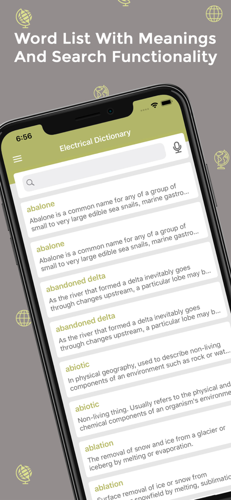 Geography Dictionary - Offline - Captura de pantalla de la aplicación Diccionario de Geografía que muestra una lista de términos geográficos y definiciones con una barra de búsqueda