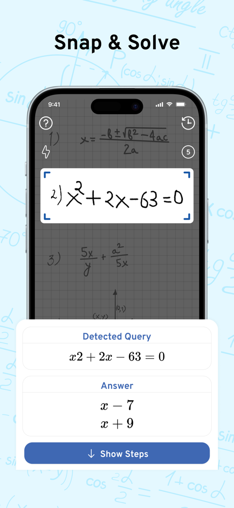 AI Math Scanner: Maths Solver - A smartphone screen showing an AI math app scanning a handwritten quadratic equation and providing the solution.