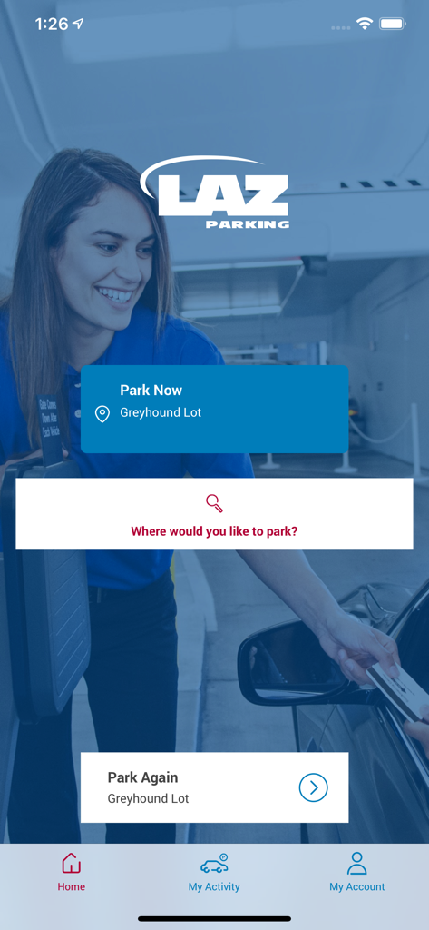 LAZ Parking app home screen showing park now and search options